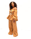 Women's Two Piece Mastard Set, Off Shoulder Top/Flaired Pants