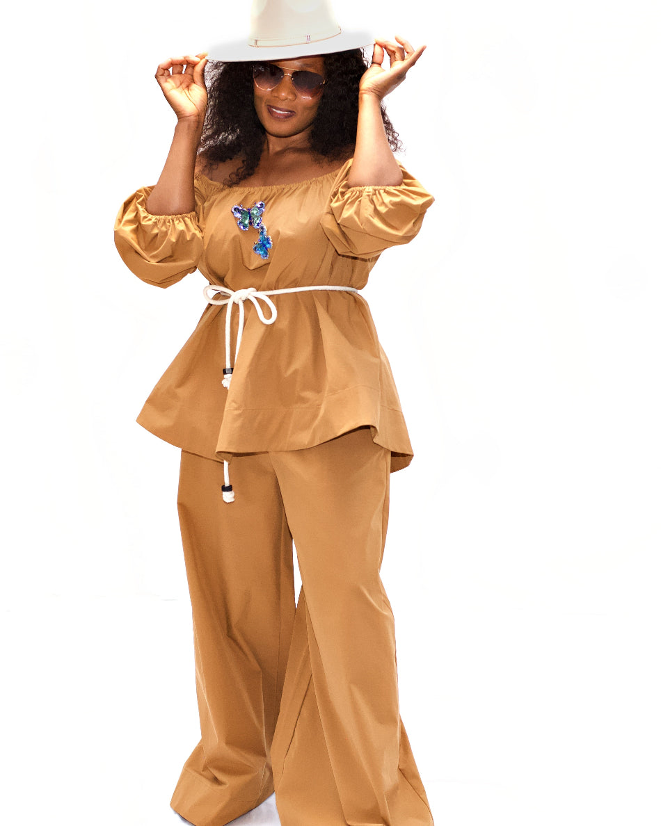 Women's Two Piece Mastard Set, Off Shoulder Top/Flaired Pants